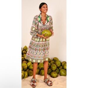 Farm Rio Amulet‎ Midi Dress Multi Long Sleeve Beaded Tassels Linen size Small